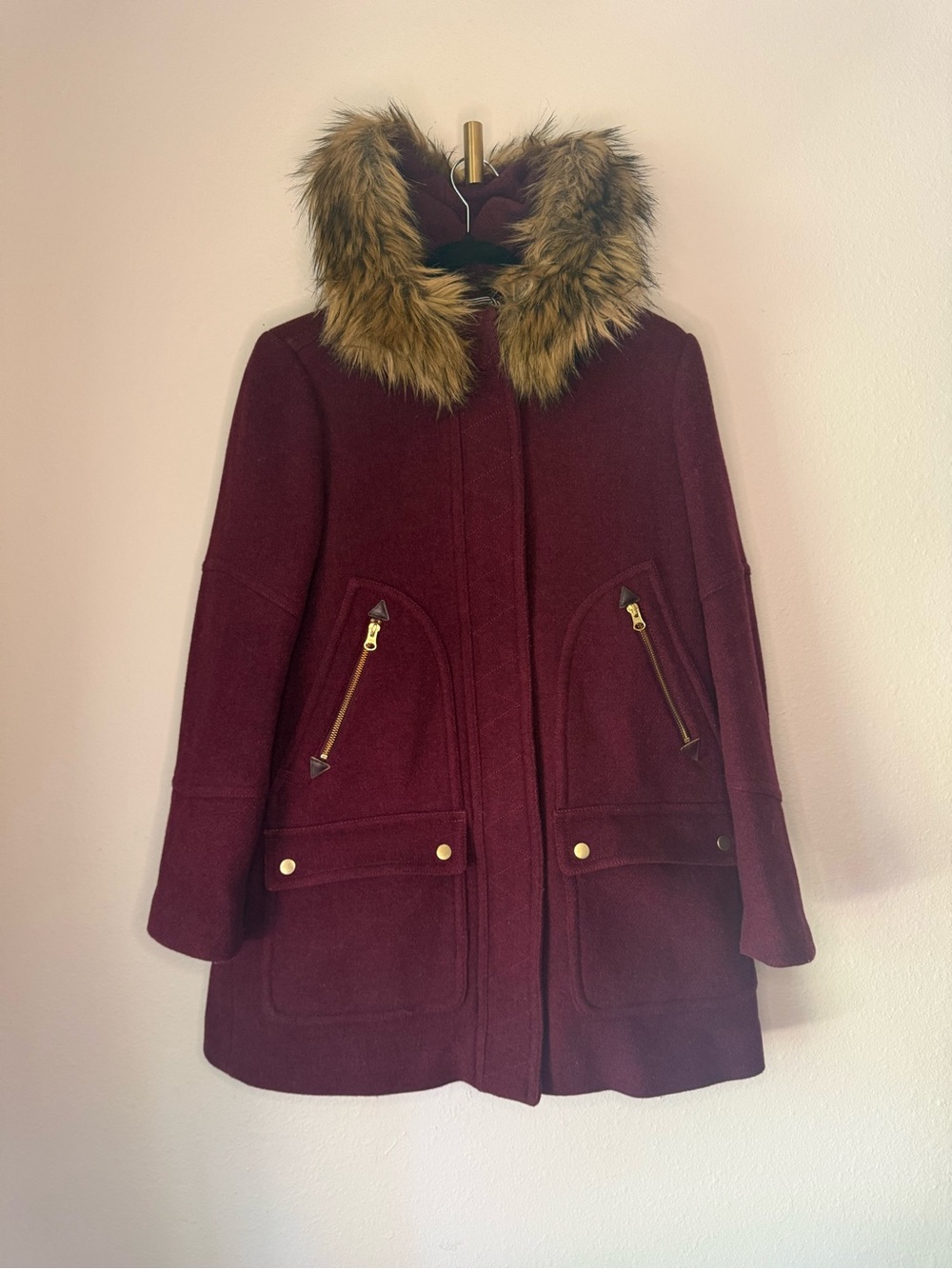 J.Crew Stadium Cloth by Nello Gori Wool Blend Faux Fur Hood Coat Burgundy size S